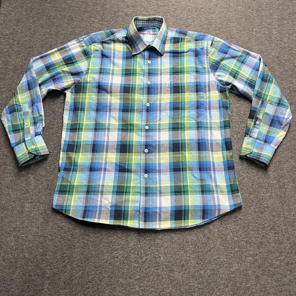 Alan Flusser Long Sleeve Shirt Men's Medium Green Blue Plaid Button 100% Cotton - Picture 1 of 6
